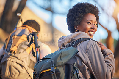 Buy stock photo Hiking, fitness and travel with portrait of black woman on mountain for backpacking, adventure and explorer hobby. Travel, mountaineering, and nature with couple trekking in countryside for discovery