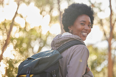 Buy stock photo Black woman, portrait and hiking for fitness outdoors in nature for morning workout, training and happy for wellness. Travel, health and exercise by hiker or female athlete in the natural environment