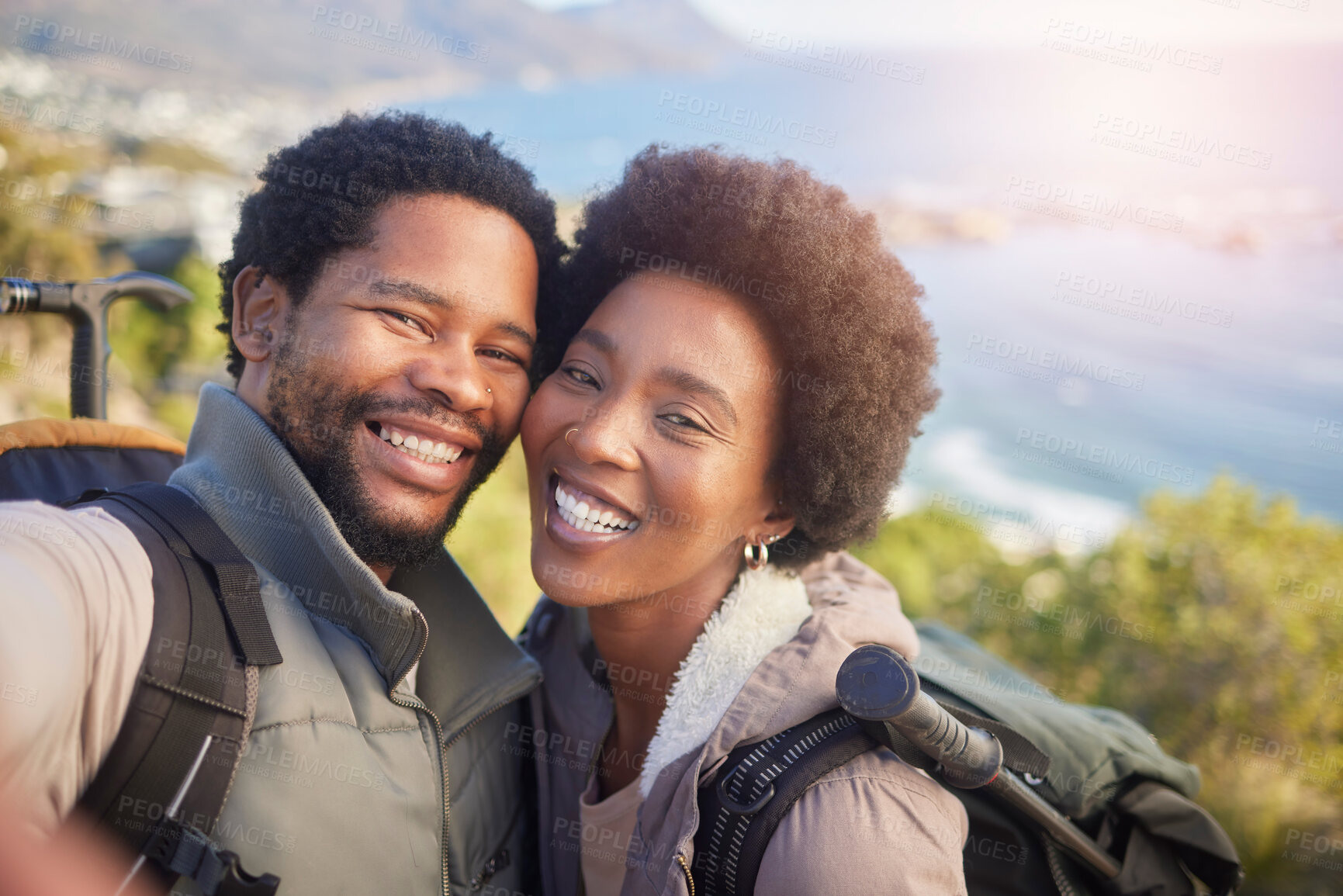 Buy stock photo Nature, romance and selfie, couple hiking on mountain for fitness, fun and romantic walk in natural landscape in Hawaii. Love, man and woman talking self portrait with smile in mountains on island.