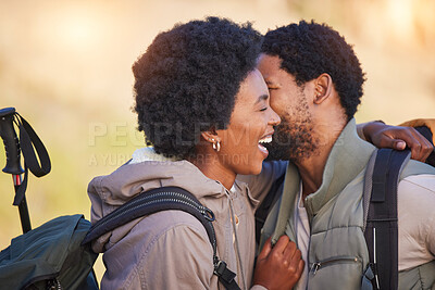 Buy stock photo Happy couple, love and black people hiking in sunrise kissing and hugging outdoors after workout, fitness and exercise. Romantic and healthy lovers affectionate after training together in nature