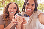 Coffee, selfie and couple of friends outdoor, park or city for social media post, profile picture and gen z lifestyle. Happy diversity people, influencer or youth with cafe drink and smile portrait