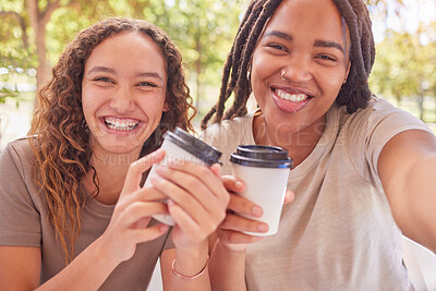 Buy stock photo Coffee, selfie and couple of friends outdoor, park or city for social media post, profile picture and gen z lifestyle. Happy diversity people, influencer or youth with cafe drink and smile portrait