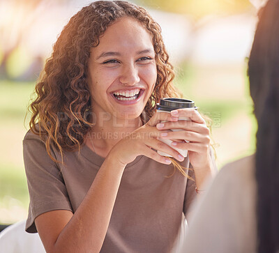 Buy stock photo Woman, friends and smile for coffee, chat or catch up on social life, friendship or relationship at an outdoor cafe. Happy female smiling in happiness for chatting, conversation or funny discussion