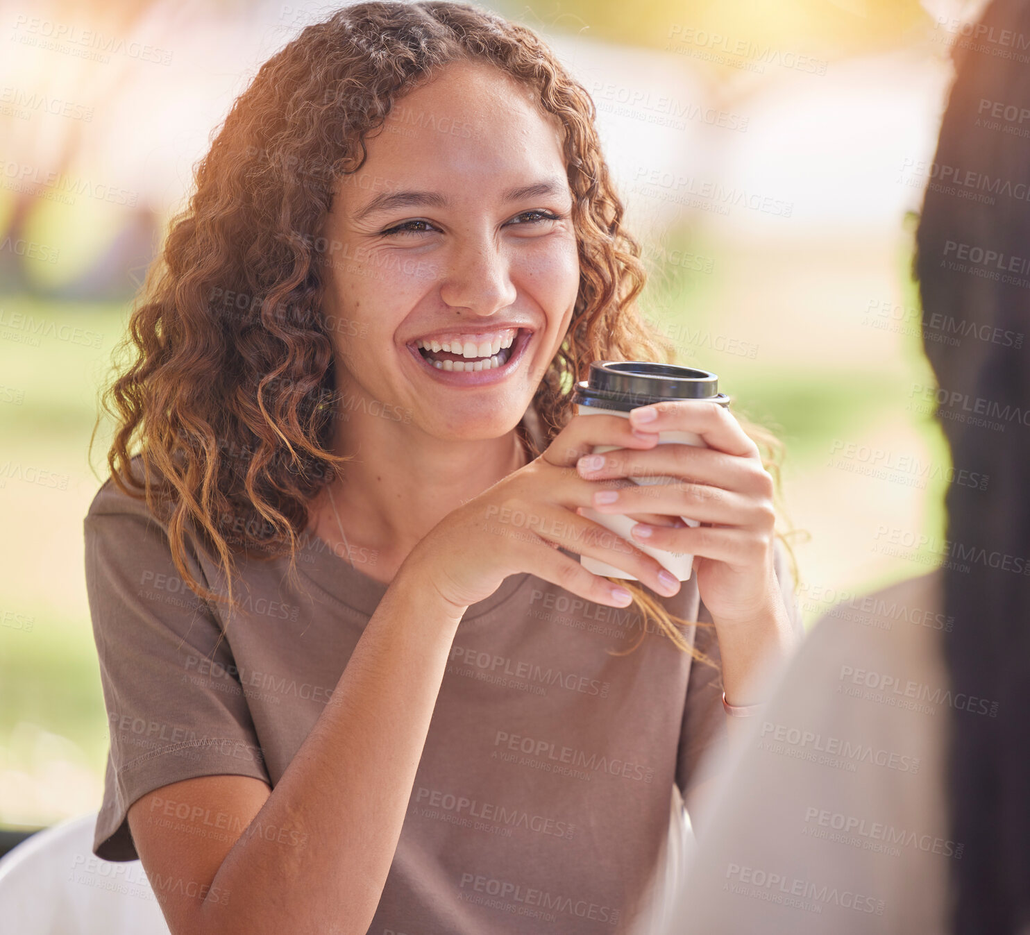 Buy stock photo Woman, friends and smile for coffee, chat or catch up on social life, friendship or relationship at an outdoor cafe. Happy female smiling in happiness for chatting, conversation or funny discussion