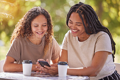 Buy stock photo Smartphone, university and couple of friends reading notification, social media post or funny meme at campus cafe. Park, students or happy black people on cellphone, mobile chat and online networking