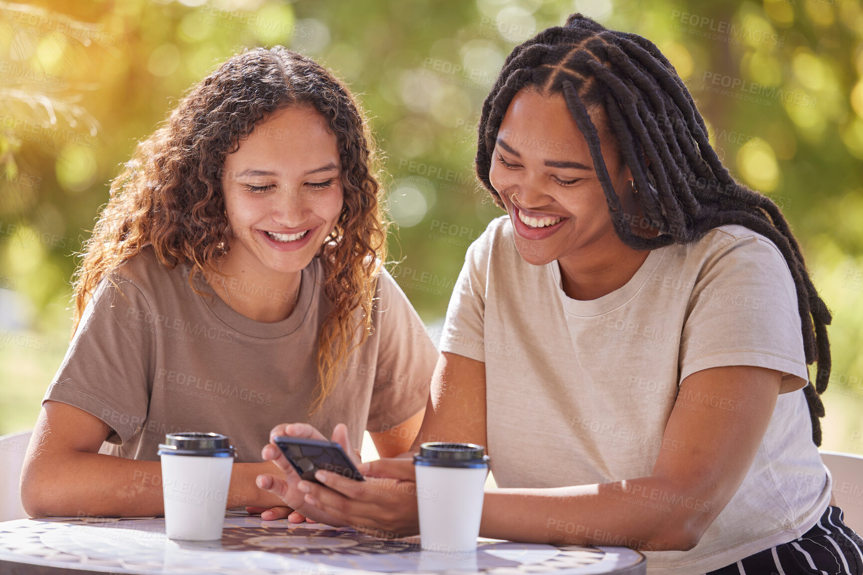 Buy stock photo Smartphone, university and couple of friends reading notification, social media post or funny meme at campus cafe. Park, students or happy black people on cellphone, mobile chat and online networking