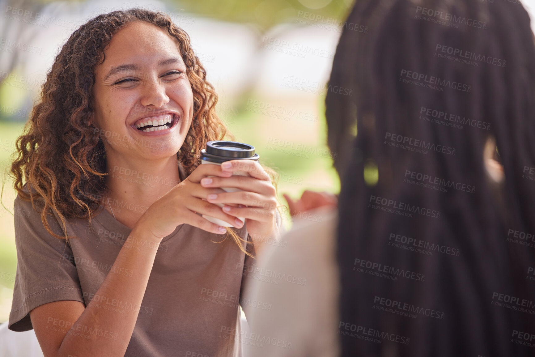 Buy stock photo Woman, friends and laugh with coffee for chat or catch up on social life, friendship or relationship at an outdoor cafe. Happy female laughing in happiness for chatting, conversation or funny joke