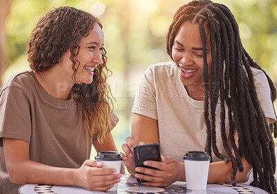 Buy stock photo Phone, university and couple of friends on social media, chat notification or funny meme at campus cafe. Coffee shop, students or happy black people on smartphone, conversation and online networking