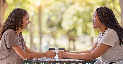 Buy stock photo Woman, friends and conversation with coffee at cafe for social life, catchup or communication outside. Happy women enjoying friendly discussion, talk or gossip together in friendship at coffee shop