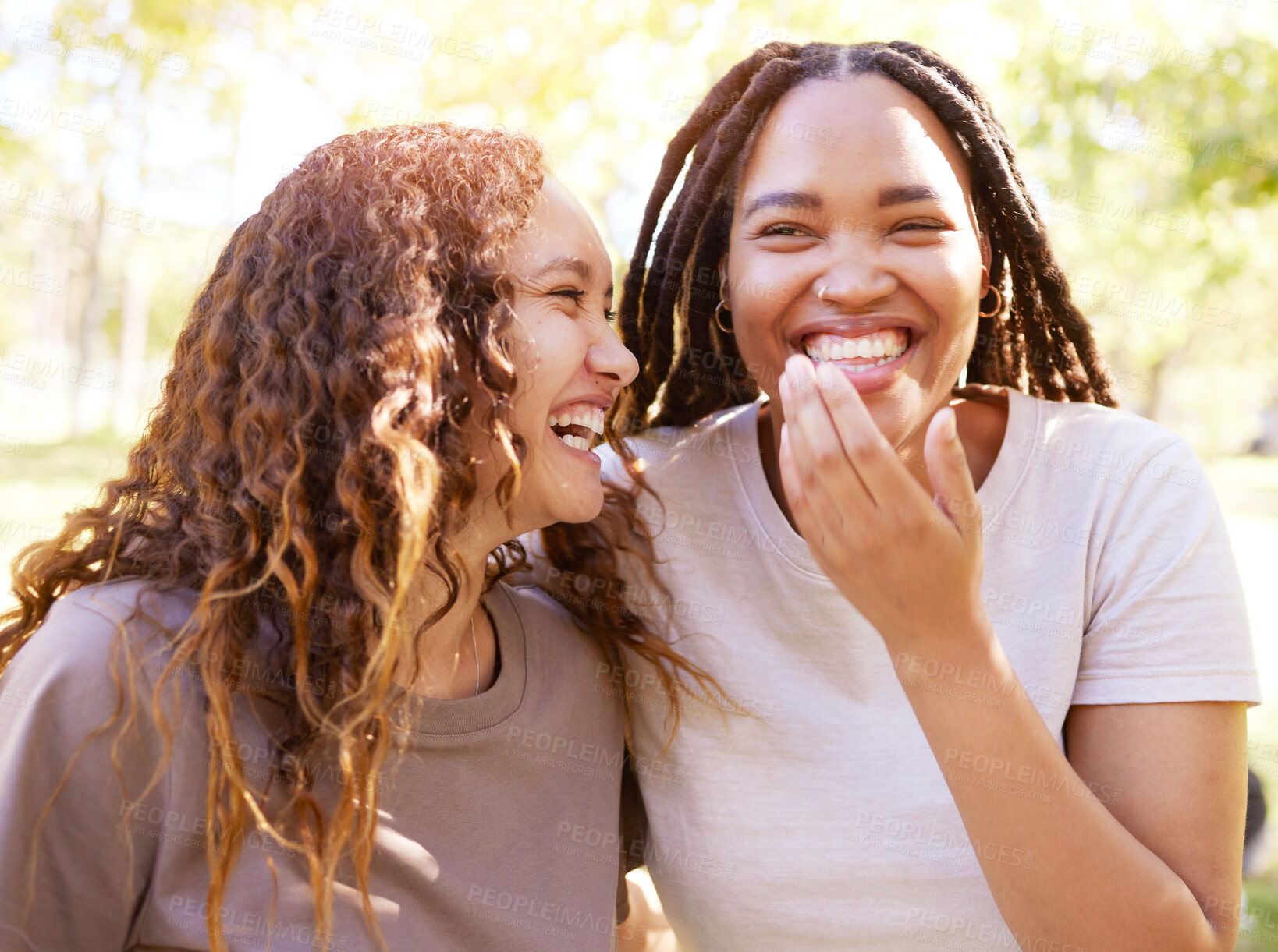 Buy stock photo Young women and friends with funny joke laugh together in park for bonding, gossip and happiness. Gen z, youth and happy black people smile at silly thought on summer hangout in nature.