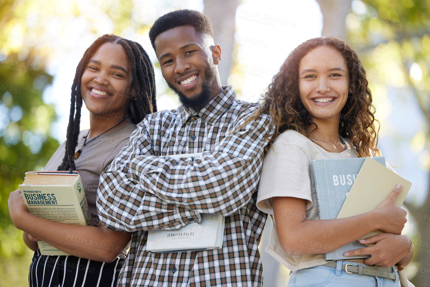 Buy stock photo University students, group and friends portrait at park outdoors ready to start learning business management. Scholarship books, education and happy people, man and women standing together at college