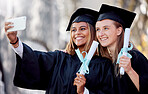 Woman students, graduation selfie and smile for education success, goal and happiness on social media app. Friends, university or college with smartphone at celebration of study, goals and support