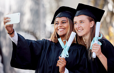 Buy stock photo Woman students, graduation selfie and smile for education success, goal and happiness on social media app. Friends, university or college with smartphone at celebration of study, goals and support