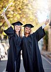Portrait, friends and women graduate, diploma achievement or celebrate together, education or knowledge. Young people, students or female academics with certificates, university success or graduation