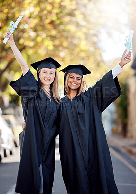 Buy stock photo Portrait, friends and women graduate, diploma achievement or celebrate together, education or knowledge. Young people, students or female academics with certificates, university success or graduation