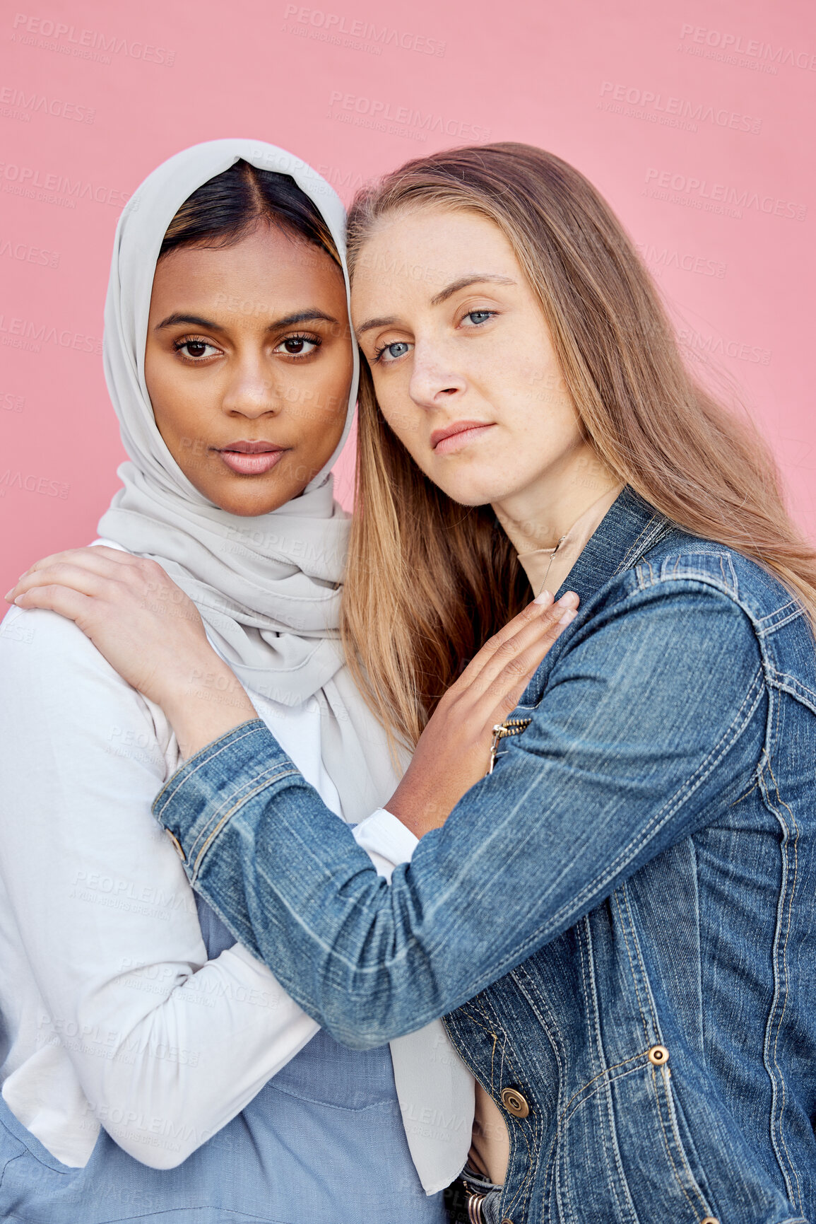 Buy stock photo LGBTQ, love and lesbian couple with embrace of sexuality isolated on a pink background. Freedom, hug and diversity in a relationship with women hugging for affection, romance and a date on a backdrop