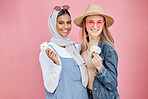 Friends, diversity and fashion women portrait with spring flowers on a pink background with a happy smile. Muslim woman and girl together for hug, love and support for lgbt freedom, respect and pride