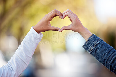 Buy stock photo Heart sign with hands, love and couple outdoor, commitment and care in relationship, trust and support. People with connection, wellness and team together in nature, emoji or icon with partnership