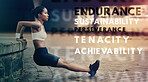 Motivation, fitness and words while woman exercise, workout or training outdoors in a city or town. Athlete, sport or wellness quote for health and stretching triceps for strong body and muscle