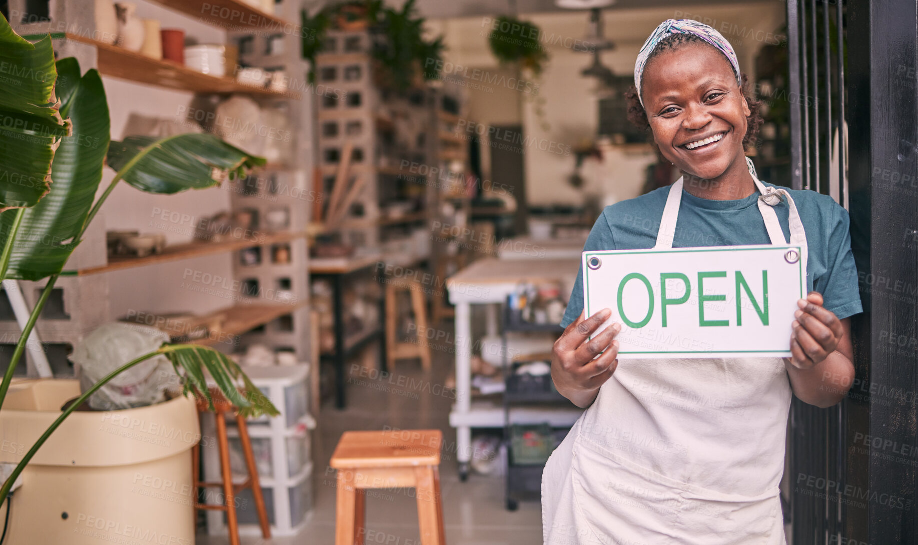 Buy stock photo Creative startup, small business and black woman with open sign for art class, workshop and pottery store. Smile, entrepreneur and girl happy for welcome to ceramic, clay sculpture and retail artwork