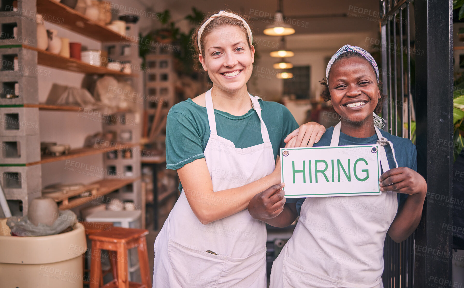Buy stock photo Hiring sign, portrait and people or business owner in diversity recruitment, career opportunity or store offer. Black woman, partner and retail startup, onboarding goals or poster for job application