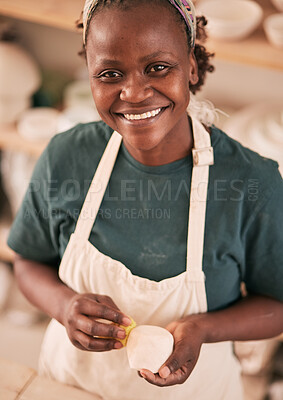 Buy stock photo Art, pottery and black woman in creative workshop with ceramics, sculpting and creativity with smile in portrait. Artist with handmade craft, pride and success with manufacturing and artistic process