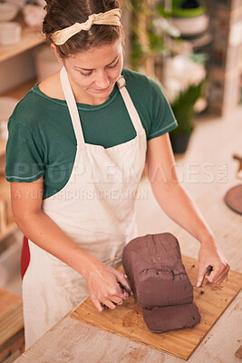 Buy stock photo Sculptor woman, cut clay and table in workshop for artistic vision, development or pottery product. Creative artist lady, sculpture design or natural organic material in studio for creativity at desk