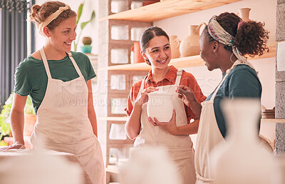 Buy stock photo Diversity, women and coworkers talking, workplace and planning for sales growth, happy and organize. Multiracial, happy female employees and work friends in workspace, conversation and discussion