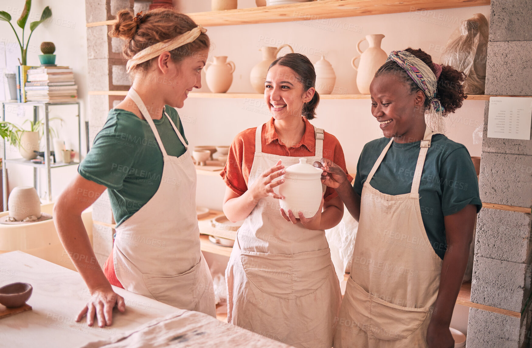 Buy stock photo Communication, pottery workshop class and people teamwork on mold design, manufacturing or art product. Diversity, ceramic store or startup small business owner, artist group or happy women in studio