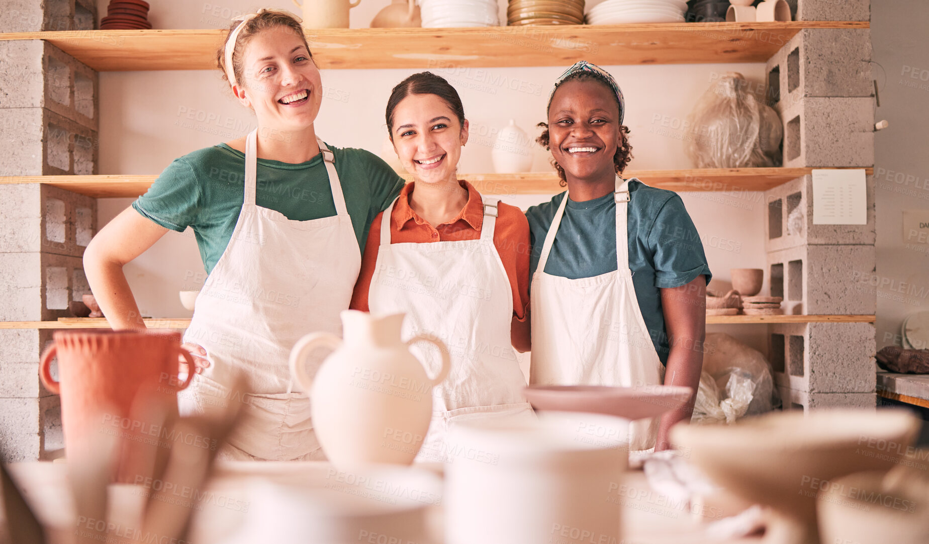 Buy stock photo Pottery class portrait, hug and women design sculpture mold, ceramic manufacturing or art product. Diversity, retail store and startup small business owner, artist or happy people in workshop studio