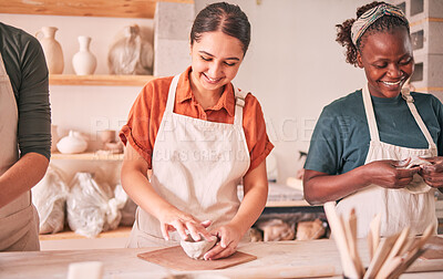 Buy stock photo Pottery class, group workshop or happy people design sculpture mold, clay manufacturing or art product. Diversity, ceramic retail store or startup small business owner, artist or studio women molding