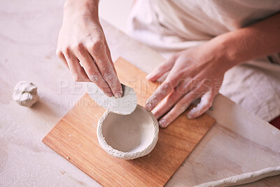 Buy stock photo Pottery tools, bowl and hands of woman design sculpture mold, creative manufacturing or art product. Ceramic store, startup small business owner or artist working on clay handcraft in studio workshop