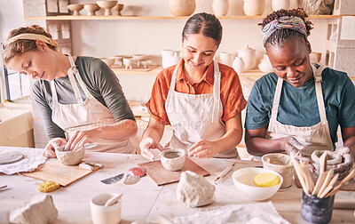 Buy stock photo Pottery class, creative workshop or women design sculpture mold, clay manufacturing or art product. Diversity, ceramic retail store or startup small business owner, artist or studio group molding