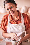Ceramic store, pottery portrait or happy woman design sculpture mold, clay manufacturing or art product. Retail, creative process or startup small business owner, worker or artist in studio workshop