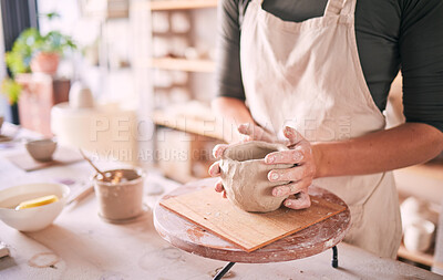 Buy stock photo Pottery bowl, hands and woman mold sculpture design, creative manufacturing process or art product. Ceramic store, startup small business owner or woman working on clay handcraft in studio workshop