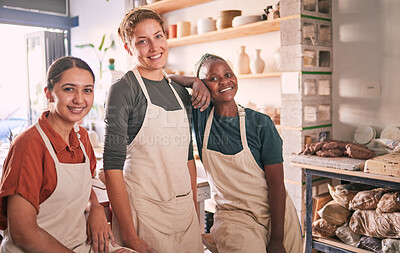 Buy stock photo Diversity, portrait and business with employees, store and smile with aprons, confident and teamwork. Multiracial, coworkers and happiness in shop, workspace and leader with team, staff and startup