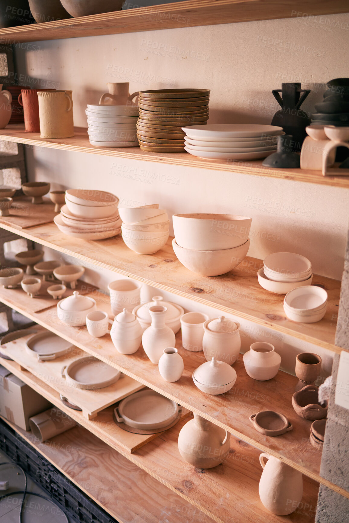 Buy stock photo Pottery background, ceramics store and shelf in creative studio of manufacturing startup. Clay design, collection and display in workshop, small business and retail craft market of stock production