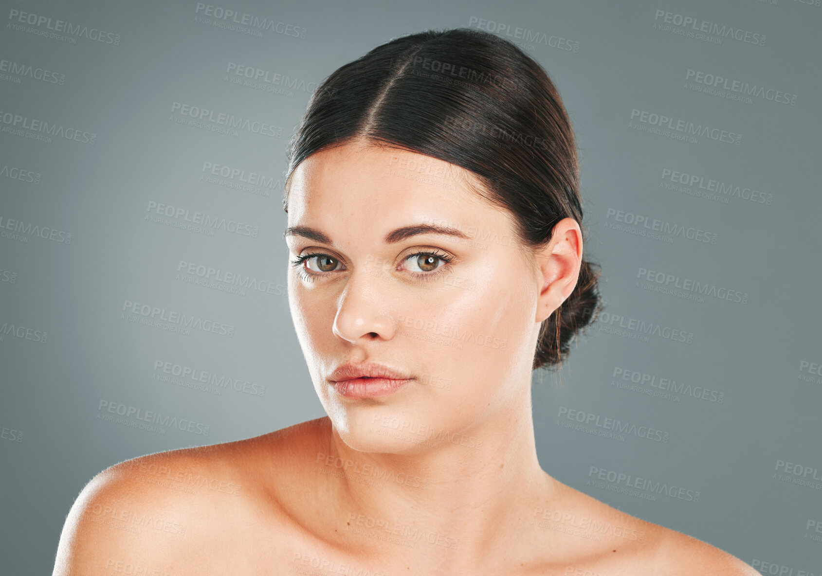 Buy stock photo Facial beauty, portrait and woman in studio for skincare, wellness and cosmetics. Young female model, face headshot and aesthetic dermatology, healthy shine and natural glow from body salon results 