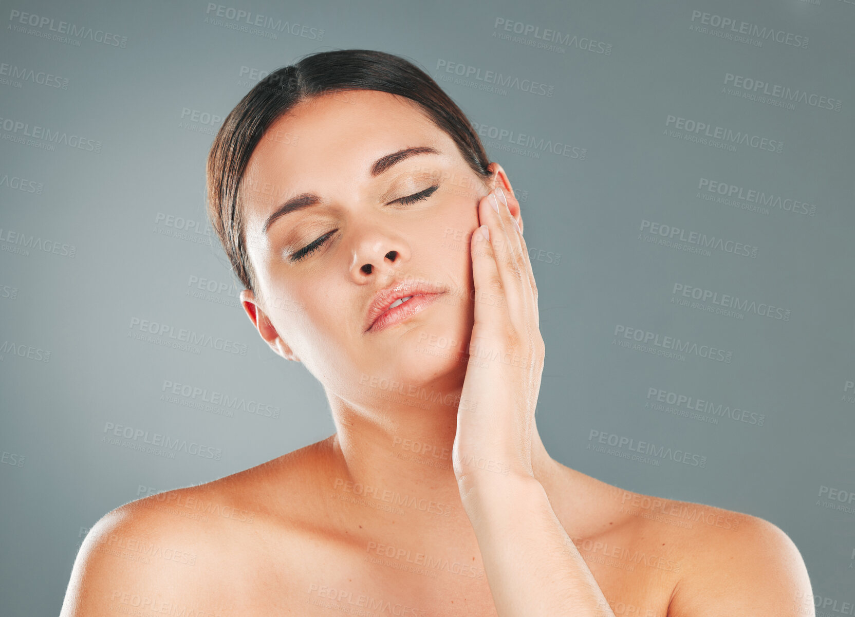 Buy stock photo Face, woman with eyes closed, skin and content with beauty and facial treatment, peace isolated on studio background. Natural cosmetics, dermatology glow with shine and skincare with wellness mockup