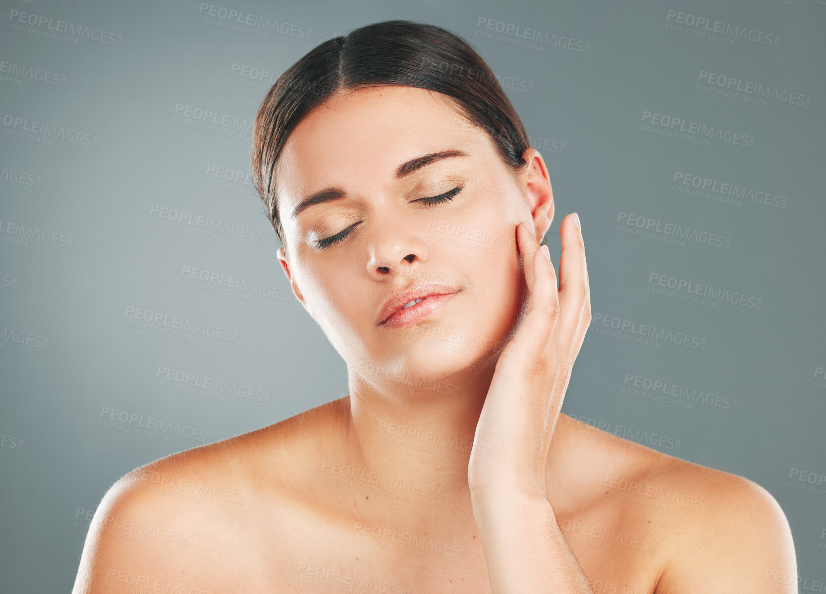 Buy stock photo Face, woman with eyes closed, skin and peace with beauty, facial treatment and content isolated on studio background. Natural cosmetics, dermatology glow with shine and skincare with wellness mockup