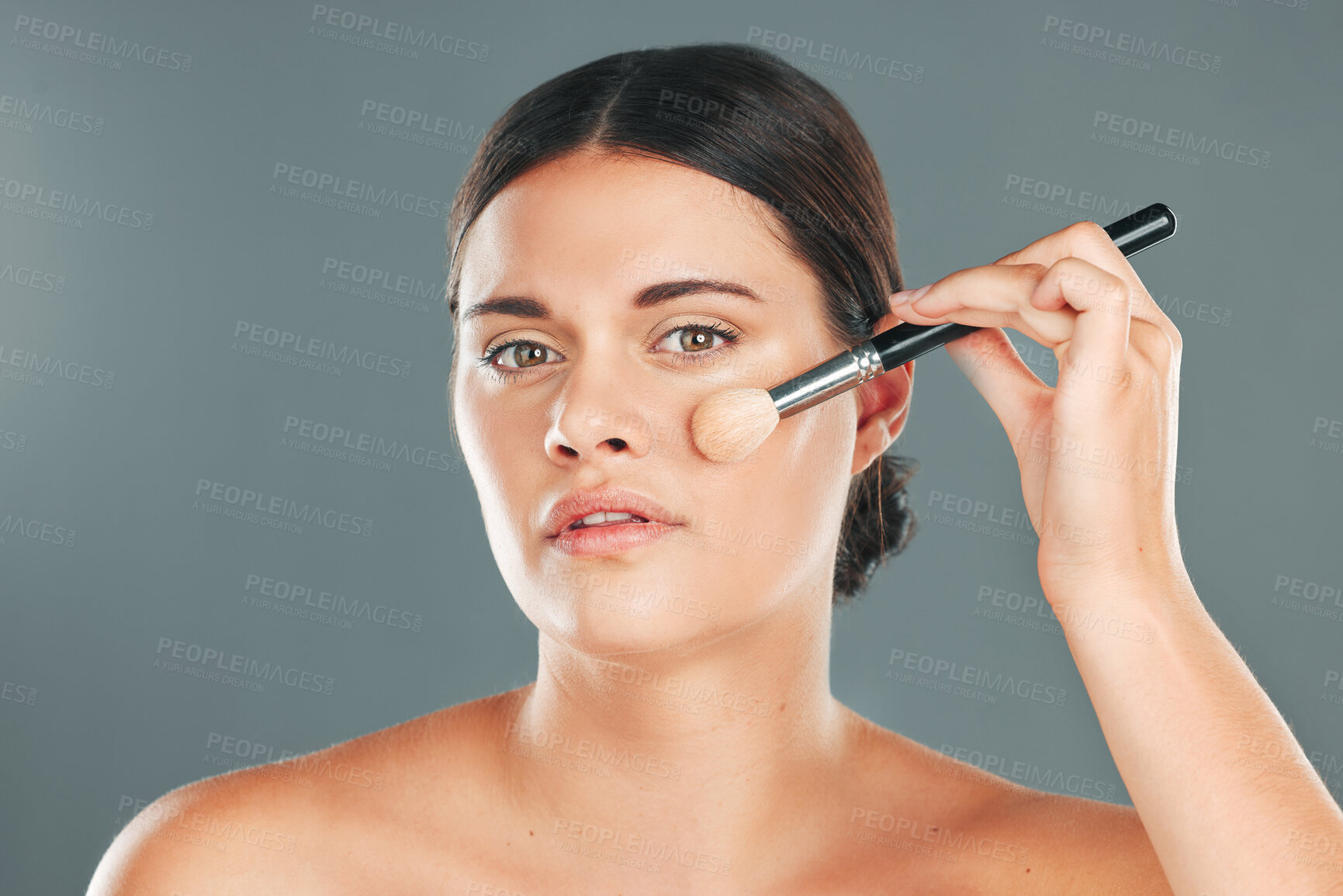 Buy stock photo Woman, beauty brush and makeup portrait for wellness, cosmetics dermatology and skincare in studio. Model, facial application and cosmetology lifestyle or luxury product tools for self care glow 