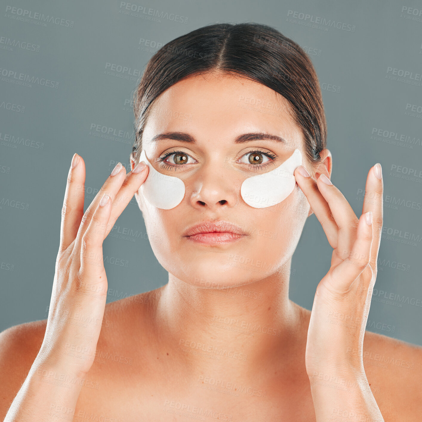 Buy stock photo Beauty, eye patch and portrait of woman face, skincare and dermatology on studio background. Female model, facial and eye care gel for dark circles, body cosmetics and wellness of collagen treatment