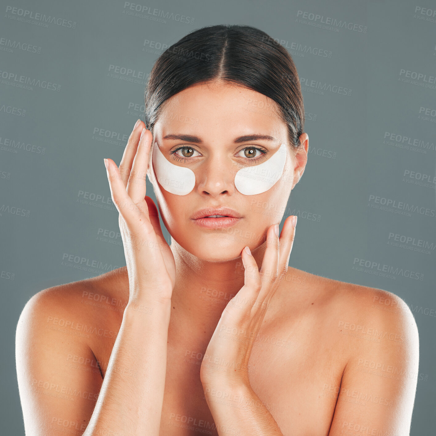 Buy stock photo Skincare, eyes patch and portrait of woman, beauty and dermatology on studio background. Female model, face and eye care gel for dark circles, body cosmetics and wellness of facial collagen treatment