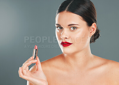 Buy stock photo Red, lipstick and woman, face in portrait with lips, makeup and beauty isolated on studio background. Cosmetic product, skin and skincare glow with wellness, mockup and facial with cosmetics shine