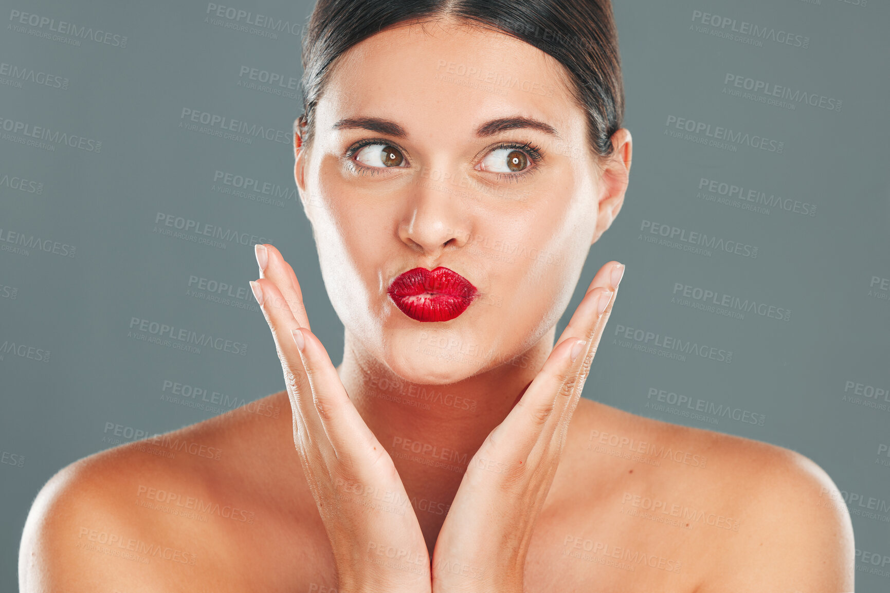 Buy stock photo Woman lips with lipstick, kiss face and makeup with red cosmetics and playful pout isolated on studio background. Healthy skin, beauty and skincare with cosmetic care, wellness and facial glow