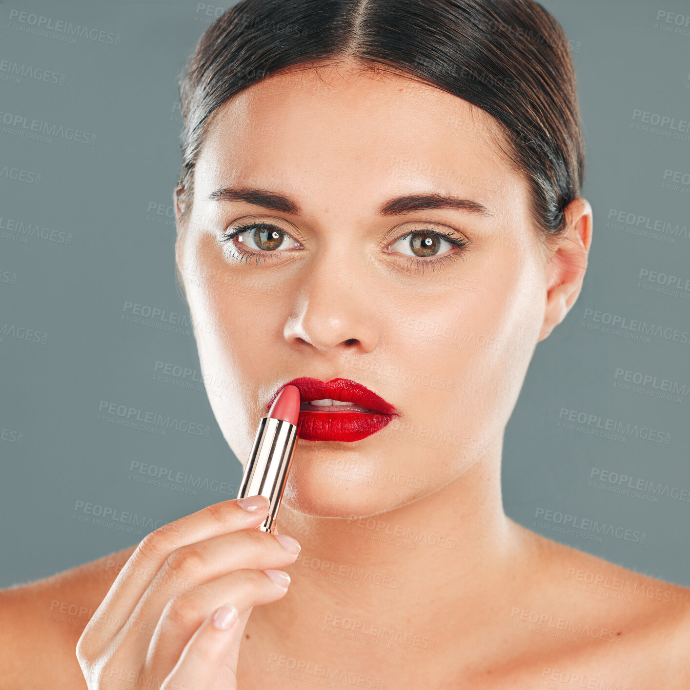 Buy stock photo Apply lipstick, woman and face in portrait with lips, red makeup and beauty isolated on studio background. Cosmetic product, skin and skincare glow with wellness, facial with cosmetics shine