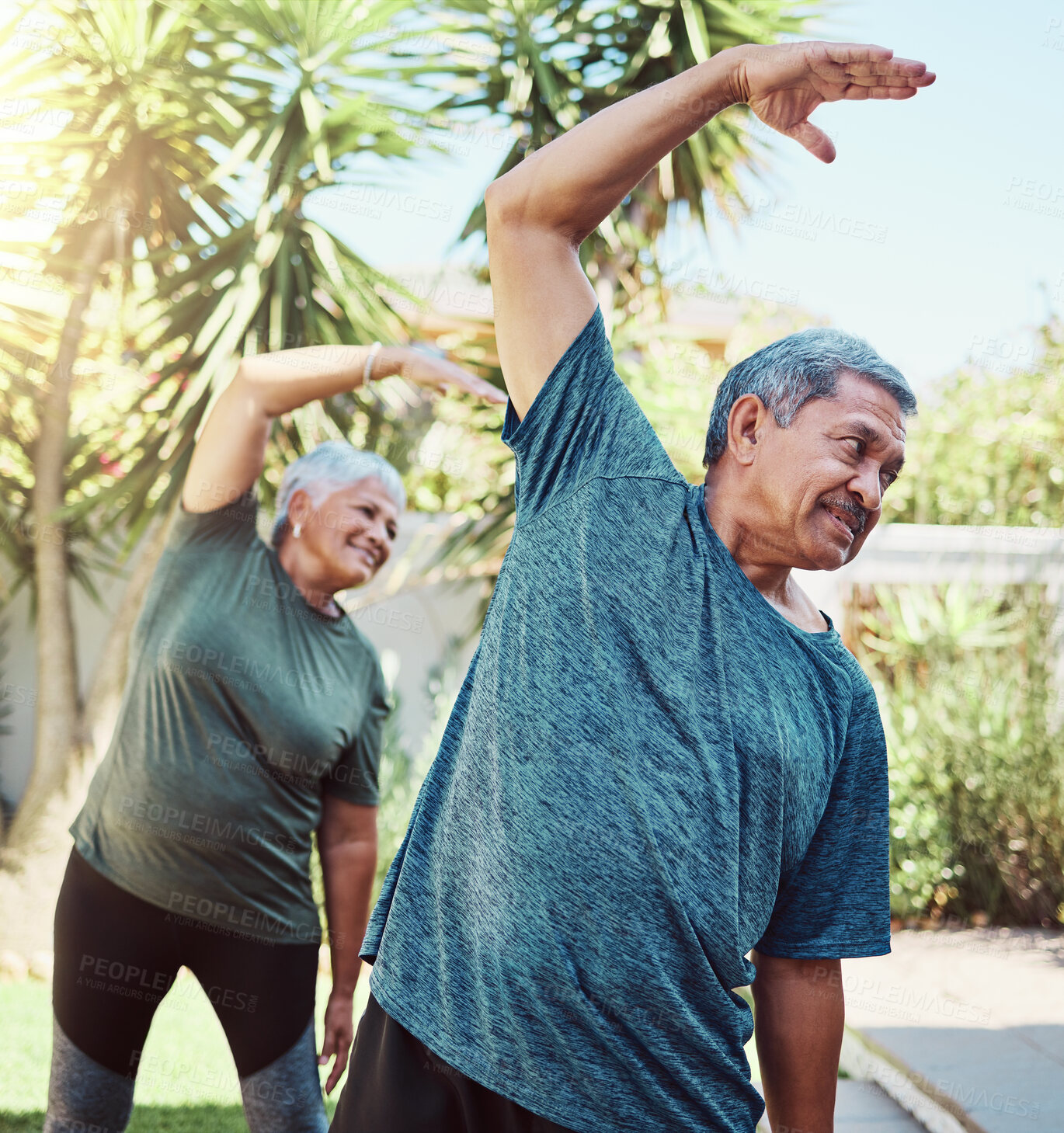 Buy stock photo Fitness, yoga and health with a senior couple outdoor in their garden for a workout during retirement. Exercise, pilates and lifestyle with a mature man and woman training together in their backyard