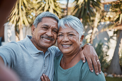 Buy stock photo Senior couple, hug and smile for selfie, social media or profile picture together for romance in the back yard. Portrait of happy elderly man and woman smiling in happiness for photo or relationship