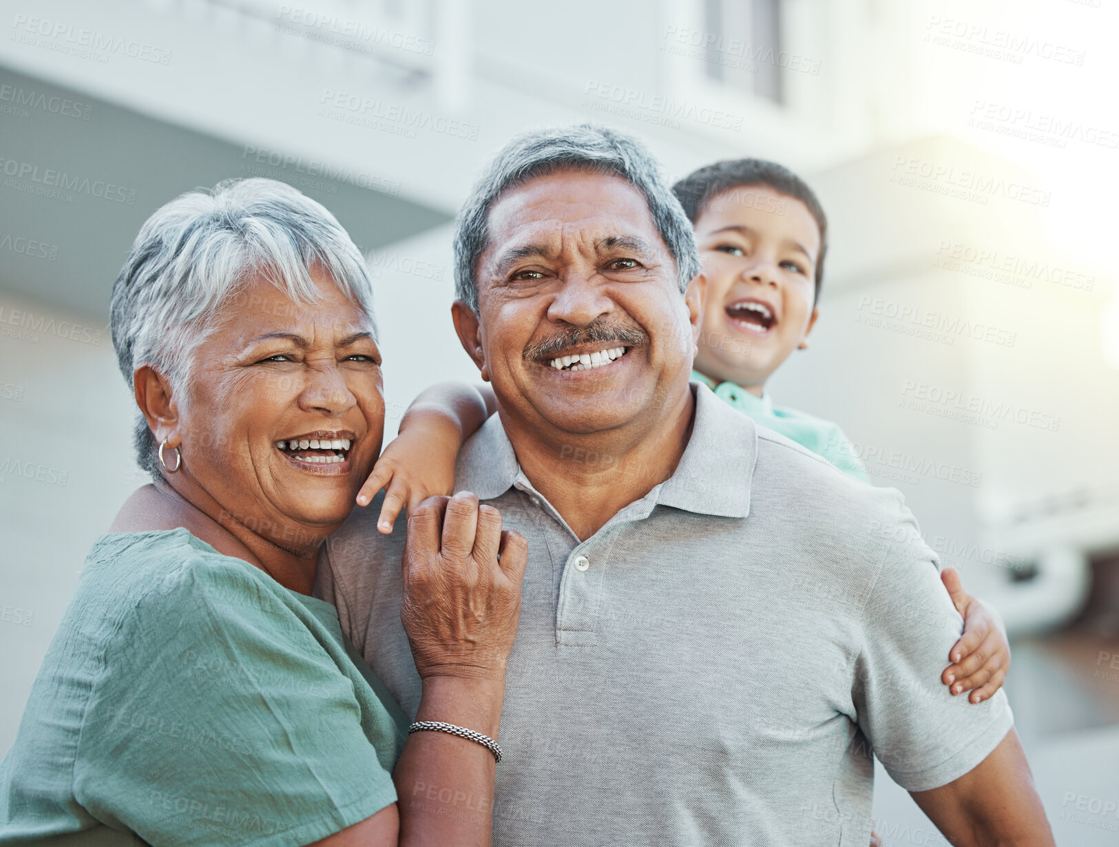 Buy stock photo Grandparents, portrait and senior man and woman are happy with grandchild outside new home. Elderly, retirement and happiness together by old people on vacation or holiday with kid or child