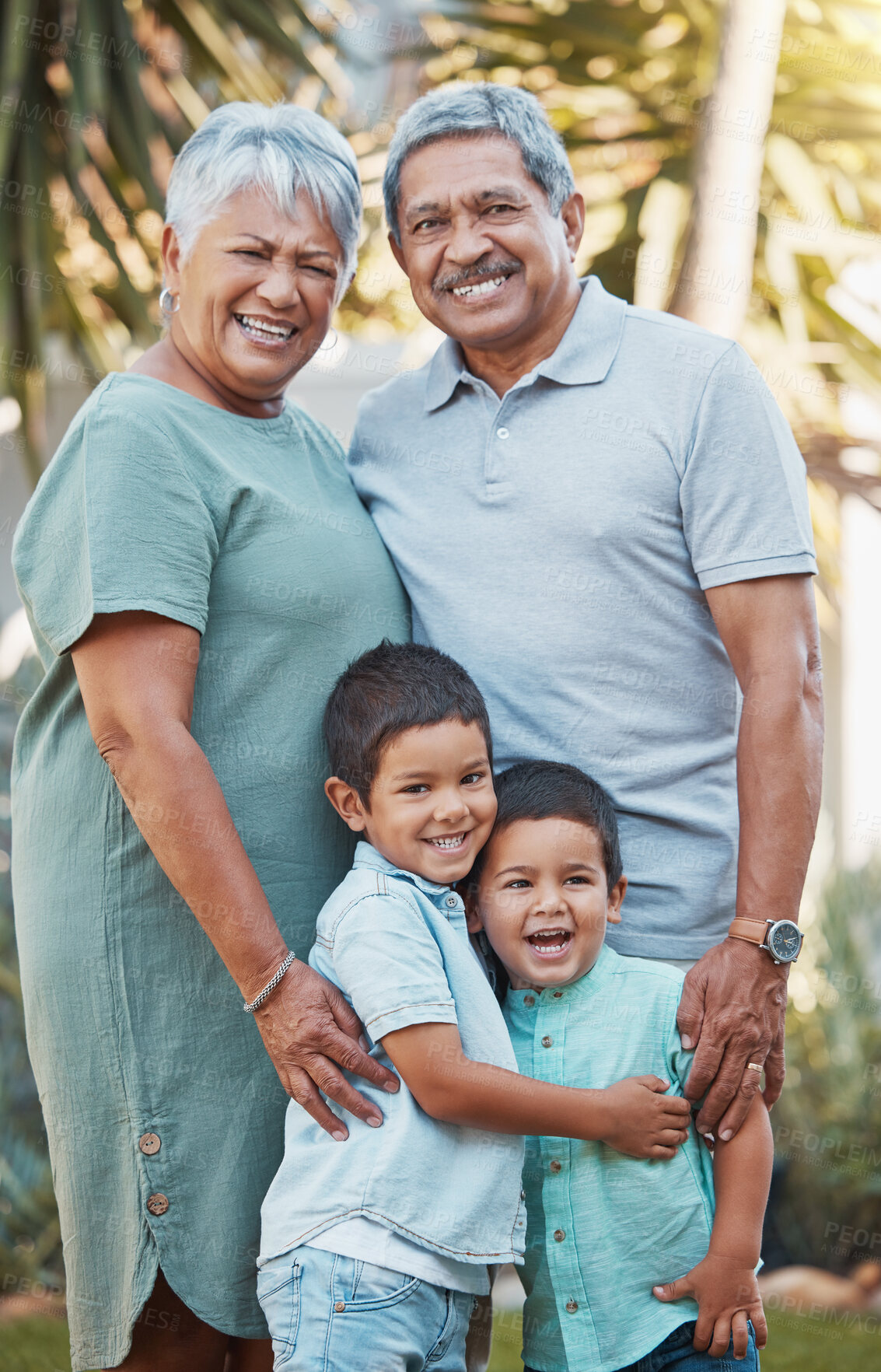 Buy stock photo Grandparents, family children and garden portrait in outdoor wellness, love and hug for summer, holiday and retirement. Senior, old people with excited kids in Mexico smile on face in nature or park